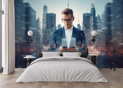 Handsome young businessman using tablet computer on abstract city background with double exposure of business graph. Technology concept Wall mural