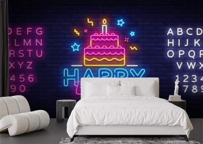 Happy Birthday Neon Text Vector. Happy Birthday neon sign, design template, modern trend design, night neon signboard, night bright advertising, light banner. Vector. Editing text neon sign Wall mural