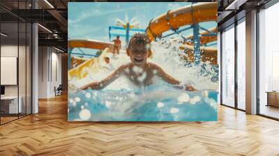 Happy children on the slide at the swimming pool in the aquapark 
 Wall mural