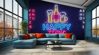 Happy Hour neon sign vector. Happy Hour Design template neon sign, Night Dinner, celebration light banner, neon signboard, nightly advertising, light inscription. Vector. Editing text neon sign Wall mural