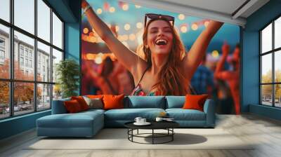 Happy woman having fun while attending open air music concert at night. Girl dancing at the concert and having a good time at an open air venue. Summer holiday, vacation concept. Generative AI.  Wall mural