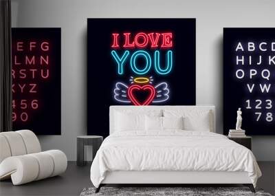 I love you so much. Fashion Slogan for printing. Neon sign, Web poster, banner in neon style. Graphic design for a print on a T-shirt. Design template. Vector illustration. Editing text neon sign Wall mural