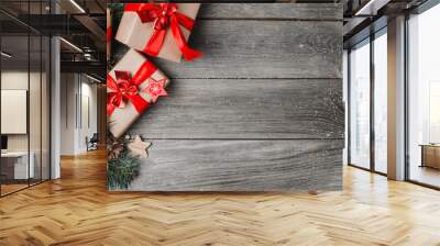 Present Boxes With Ribbons On Wooden Background Wall mural