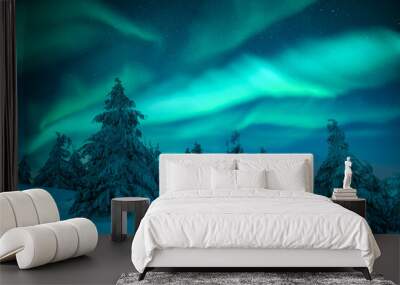 Aurora borealis. Northern lights in winter forest. Sky with polar lights and stars. Night winter landscape with aurora and pine tree forest. Travel concept Wall mural