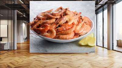 Big boiled shrimps in white plate close up. Seafood concept. Food photography Wall mural