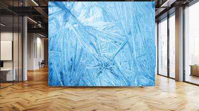 Christmas background with frozen pattern on window glass. Real blue texture of winter snowfrost Wall mural