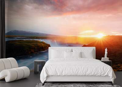 Colorful sunrise on Godafoss waterfall on Skjalfandafljot river, Iceland, Europe Wall mural