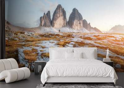 Incredible view of the Three Peaks of Lavaredo in morning light. National Park Tre Cime di Lavaredo, Dolomite Alps mountains, Trentino Alto Adige region, Sudtirol, Dolomites, Italy Wall mural