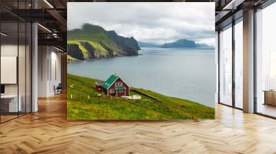 Lighthouse keeper's house on the Mykines island, Faroe islands, Denmark. Landscape photography Wall mural