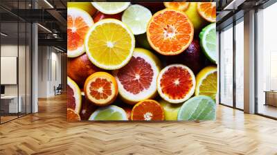 Mix of different citrus fruits closeup. Healthy diet vitamin concept. Food photography Wall mural