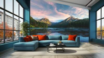 Peaceful summer view on Obersee lake in Swiss Alps. Sunrise sky and mountains reflections in clear water. Nafels village, Switzerland. Landscape photography Wall mural