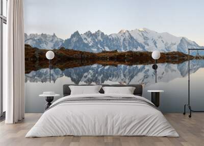 Picturesque panorama of Chesery lake (Lac De Cheserys) and snowy Monte Bianco mountains range on background, Chamonix, France Alps Wall mural