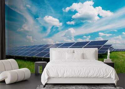 Solar panel on blue sky background. Green grass and cloudy sky. Alternative energy concept Wall mural