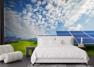 Solar panel on blue sky background. Green grass and cloudy sky. Alternative energy concept Wall mural