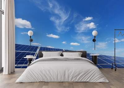 Solar panel on blue sky background. Green grass and cloudy sky. Alternative energy concept Wall mural