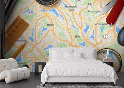 Colourful travel banner with map, keyboard, compas Wall mural