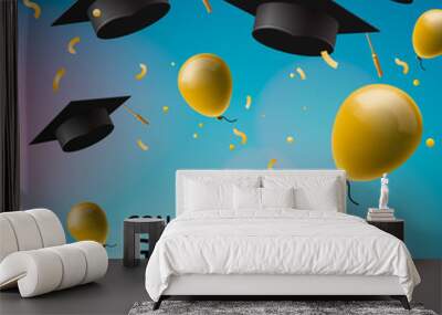 Congratulations Graduates 2019, caps, balloons and confetti on a blue sky background. Caps thrown up. Invitation card with diplomas, vector illustration. Wall mural