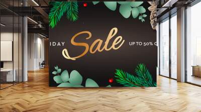 Holiday Sale horizontal poster. Christmas template with branches eucalyptus, spruce branches and berries on dark background. Winter background, vector illustration. Wall mural