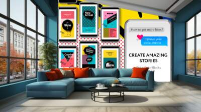 Memphis social media templates with geometric elements, Fashion promo banners for online shopping with pop art pattern, style 80 - 90s, vector illustration. Wall mural