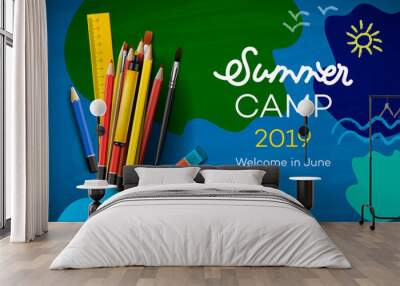 Themed Summer Camp poster 2019, creative and colorful banner, vector illustration. Wall mural