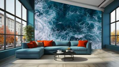 Aerial view to ocean waves. Blue water background Wall mural