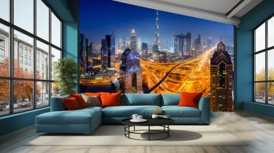 Dubai skyline at night, panoramic aerial top view to downtown city center landmarks. Famous viewpoint, United Arab Emirates Wall mural