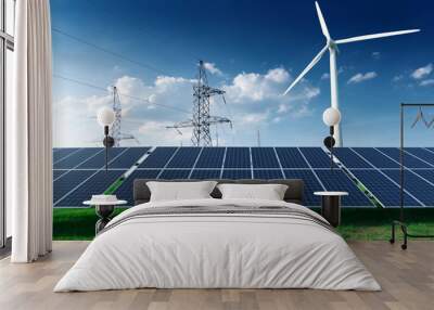 Electric industrial. Power station, windmill and solar panels Wall mural