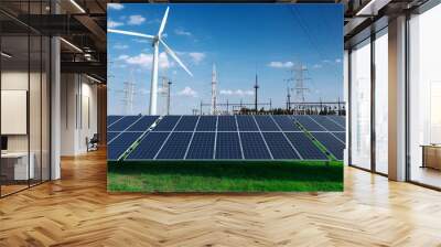 Electric industrial. Power station, windmill and solar panels Wall mural