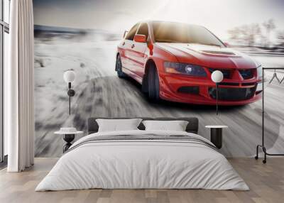 Fast drive car speed on the road at winter daytime Wall mural