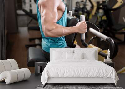 Man working on fitness machine at gym Wall mural