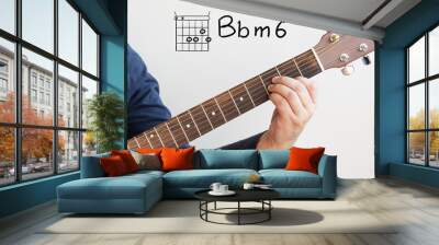 Learn Guitar - Man in a dark blue shirt playing guitar chords displayed on whiteboard, Chord B flat minor 6 Wall mural