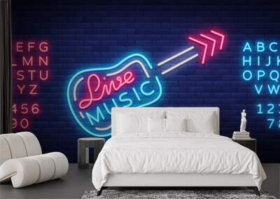 Live music neon sign vector, poster, emblem for live music festival, music bars, karaoke, night clubs. Template for flyers, banners, invitations, brochures and covers. Editing text neon sign Wall mural