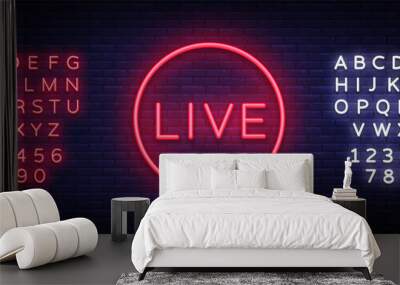 Live neon sign vector. Live Stream design template neon sign, light banner, neon signboard, nightly bright advertising, light inscription. Vector illustration. Editing text neon sign Wall mural