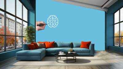 Man hand draw abstract brain and icon tools, device, customer network connection communication on virtual , innovative development future technology, science, innovation and business concept. Wall mural