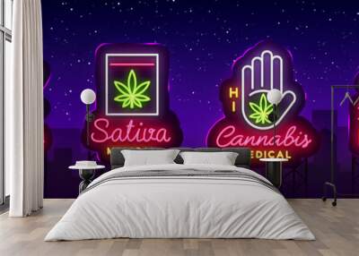 Marijuana medical collection neon sign and logo, graphic template in modern trend style. Sativa medical, Cannabis is an organic hemp. Green farm Vector Illustration. Billboard Wall mural