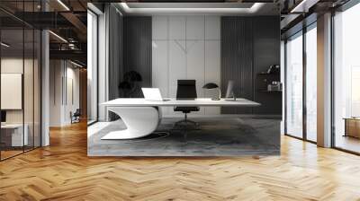 Minimalist work table with a very modern black and white decoration. Concept: business, office Wall mural