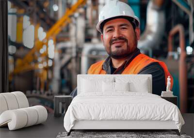 Latin man with helmet and safety equipment in an industry with happy expression Wall mural