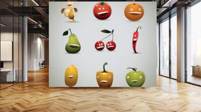 Vector cartoon image of happy: yellow banana, tomato red, orange, green pear, red cherries, red hot pepper, lemon, yellow pepper, green apple on a light gray background. Wall mural