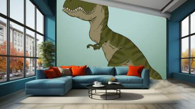 Vector green cute dinosaur. Cartoon image of a green cute dinosaur on a blue background. Looks like a tyrannosaur. Wall mural