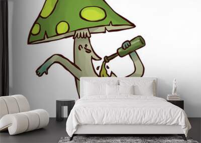 vector party mushroom, green. cartoon image of funny green party mushroom in light green polka dot h Wall mural