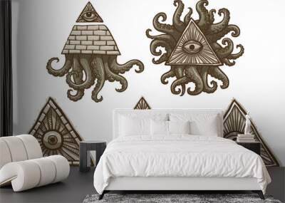 Vector Set of Masonic symbols. Cartoon image of a set of gray Masonic symbols with the pyramids, eyes and tentacles on a light background. Wall mural