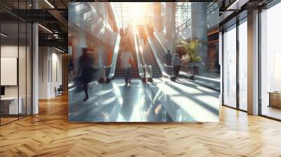 People in motion in a shopping mall or large corporation with escalators in the background and space for text or subtitles
 Wall mural