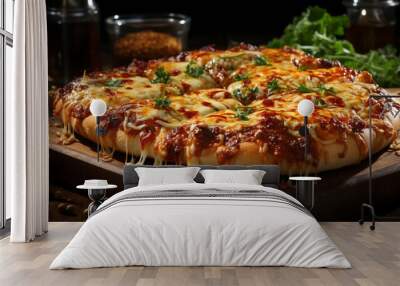 Pizza with stretching cheese on a wooden table on a black background Wall mural