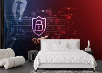 Protection network security computer and safe your data concept, Businessman holding shield protect icon. lock symbol, concept about security, cybersecurity and protection against dangers Wall mural