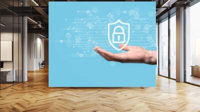 Protection network security computer and safe your data concept, Businessman holding shield protect icon. lock symbol, concept about security, cybersecurity and protection against dangers Wall mural