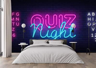 Quiz night announcement poster vector design template. Quiz night neon signboard, light banner. Pub quiz held in pub or bar, night club. Pub team game. Questions game. Vector. Editing text neon sign Wall mural