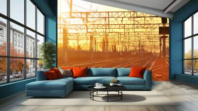 railway station landscape in sunset with many tracks, transportation and logistic system, high speed Wall mural