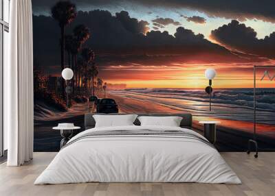 Road near sea and car on beach. Wall mural