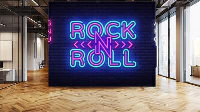 Rock and Roll logo in neon style. Rock Music neon night signboard, design template vector illustration for Rock Festival, Concert, Live music, Light banner. Vector. Editing text neon sign Wall mural