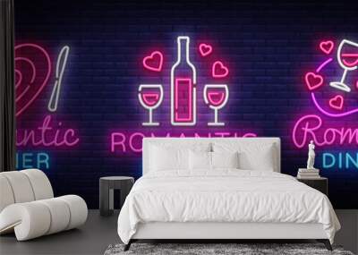 romantic dinner neon logo collection vector. wine neon sign, design template, modern trend design, n Wall mural